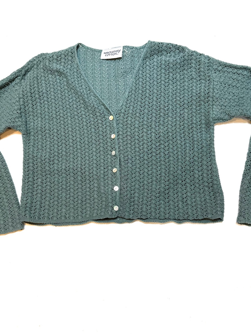 Absolutely Cotton Seafoam Green Cropped Openwork Button Cardigan